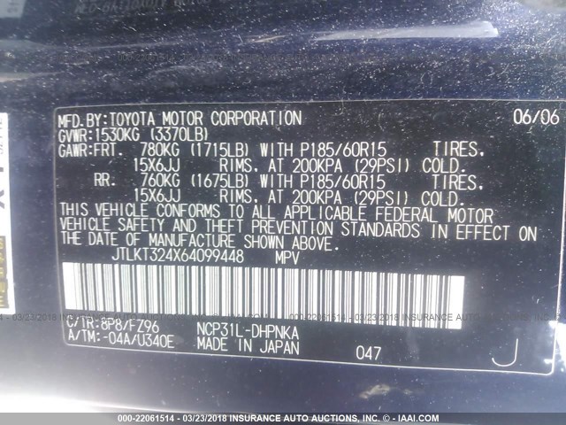 JTLKT324X64099448 - 2006 TOYOTA SCION XB მუქი ლურჯი ფოტო 9