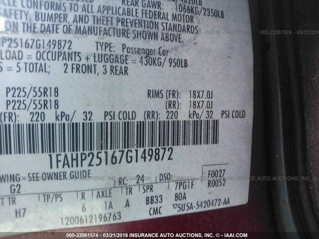 1FAHP25167G149872 - 2007 FORD FIVE HUNDRED LIMITED RED photo 9