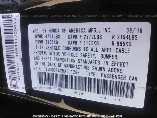 19UUB3F52HA001268 - 2017 ACURA TLX TECH BLACK photo 9