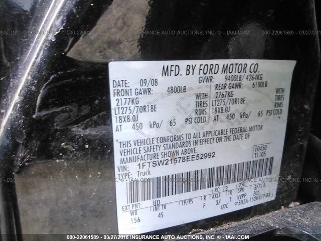 1FTSW21578EE52992 - 2008 FORD F250 SUPER DUTY BLACK photo 9