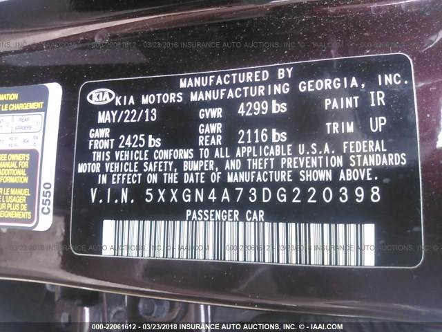 5XXGN4A73DG220398 - 2013 KIA OPTIMA EX PURPLE photo 9