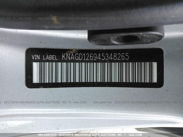 KNAGD126945348265 - 2004 KIA OPTIMA LX/EX SILVER photo 9