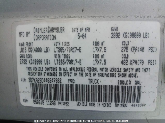 3D7KA28D44G247862 - 2004 DODGE RAM 2500 ST/SLT 银色 照片 9