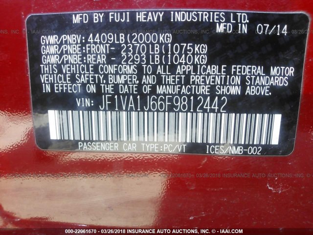 JF1VA1J66F9812442 - 2015 SUBARU WRX LIMITED RED photo 9