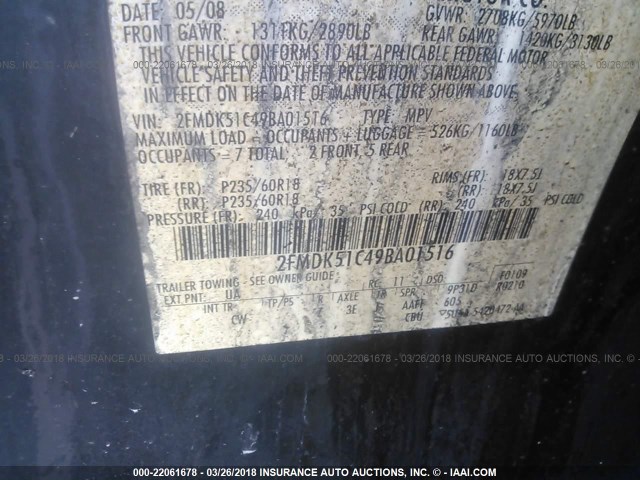 2FMDK51C49BA01516 - 2009 FORD FLEX SE BLACK photo 9