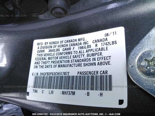 2HGFB2F63CH517872 - 2012 HONDA CIVIC HF GRAY photo 9