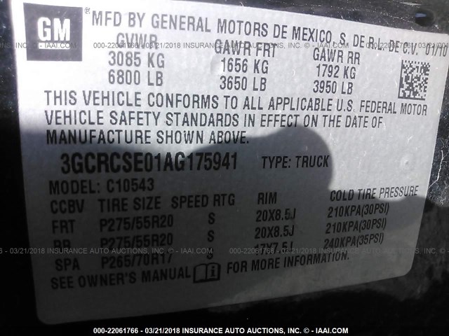 3GCRCSE01AG175941 - 2010 CHEVROLET SILVERADO C1500 LT BLACK photo 9