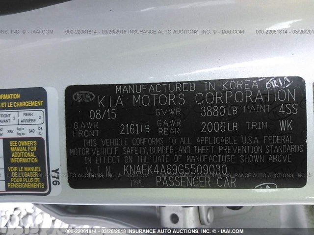 KNAFK4A69G5509030 - 2016 KIA FORTE LX SILVER photo 9