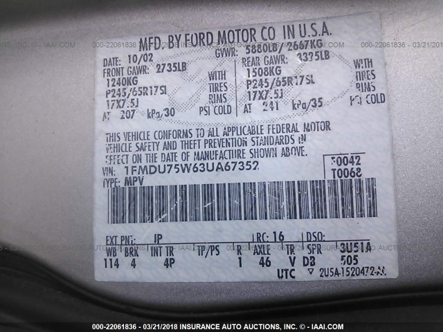 1FMDU75W63UA67352 - 2003 FORD EXPLORER LIMITED 银色 照片 9