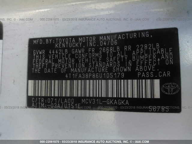 4T1FA38P86U105179 - 2006 TOYOTA CAMRY SOLARA SE/SLE WHITE photo 9