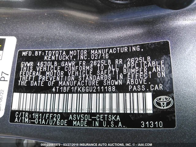 4T1BF1FK6GU211188 - 2016 TOYOTA CAMRY LE/XLE/SE/XSE GRAY photo 9