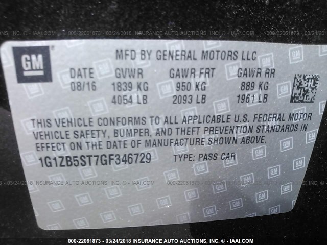 1G1ZB5ST7GF346729 - 2016 CHEVROLET MALIBU LS შავი ფოტო 9