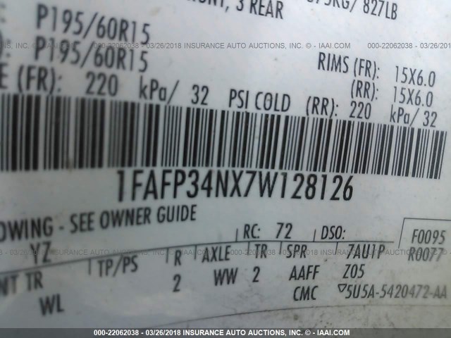 1FAFP34NX7W128126 - 2007 FORD FOCUS ZX4/S/SE/SES 白色 照片 9