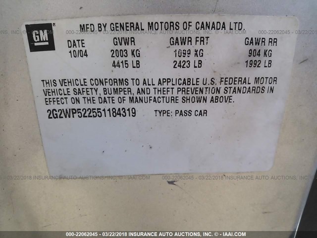 2G2WP522551184319 - 2005 PONTIAC GRAND PRIX SILVER photo 9