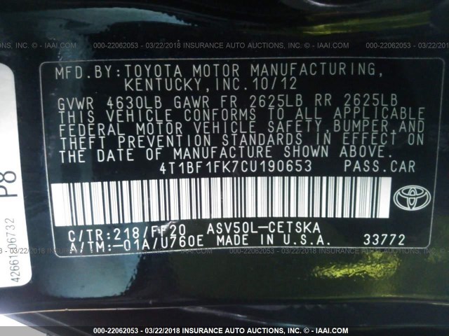 4T1BF1FK7CU190653 - 2012 TOYOTA CAMRY SE/LE/XLE BLACK photo 9