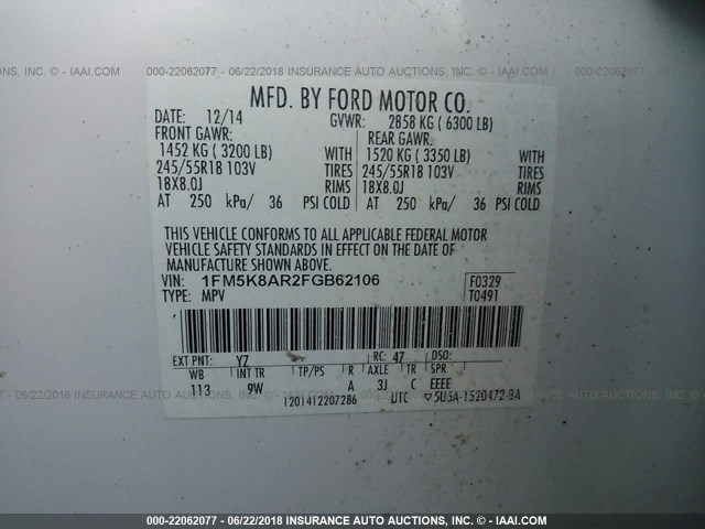 1FM5K8AR2FGB62106 - 2015 FORD EXPLORER POLICE INTERCEPTOR WHITE photo 9