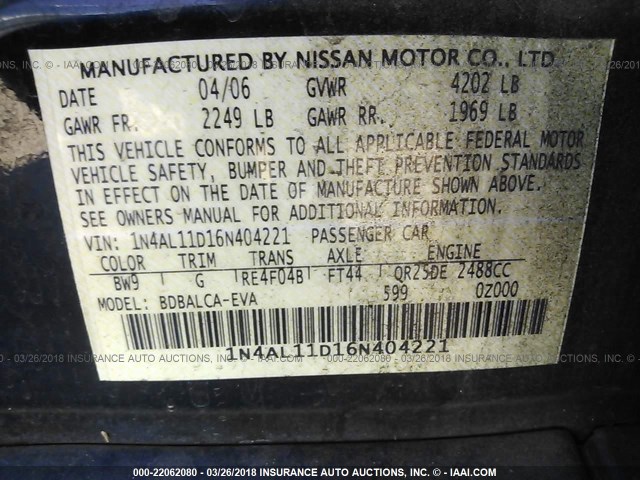 1N4AL11D16N404221 - 2006 NISSAN ALTIMA S/SL BLUE photo 9