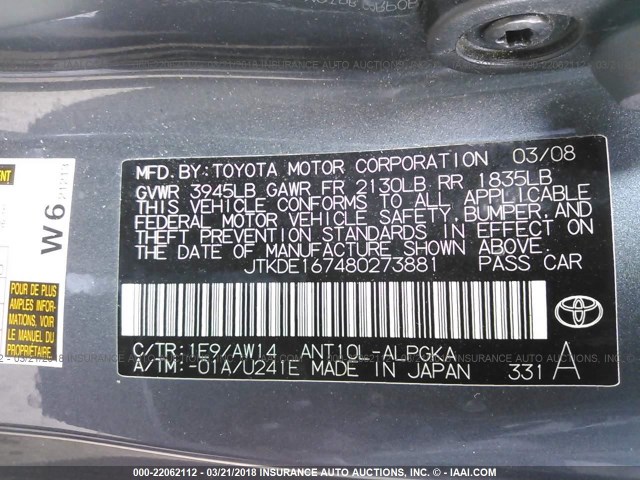 JTKDE167480273881 - 2008 TOYOTA SCION TC 灰色 照片 9