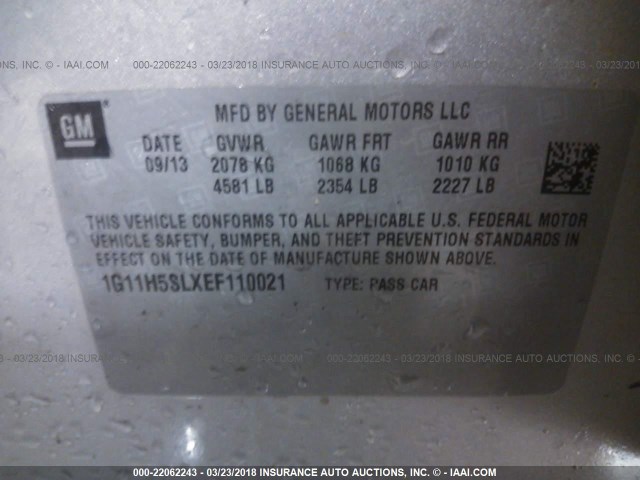 1G11H5SLXEF110021 - 2014 CHEVROLET MALIBU LTZ 银色 照片 9