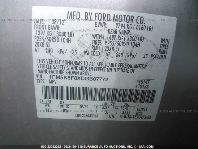 1FM5K8F8XDGB07772 - 2013 FORD EXPLORER LIMITED 银色 照片 9