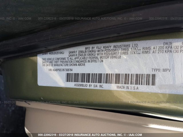 4S4BP62C067308764 - 2006 SUBARU LEGACY OUTBACK 2.5I LIMITED GREEN photo 9