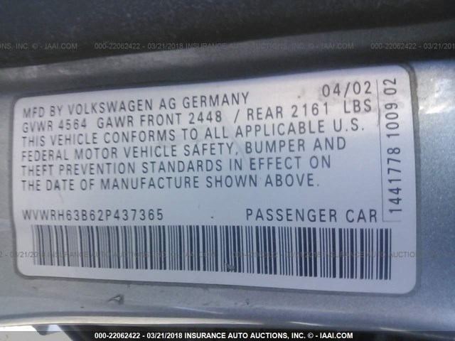 WVWRH63B62P437365 - 2002 VOLKSWAGEN PASSAT GLX 灰色 照片 9
