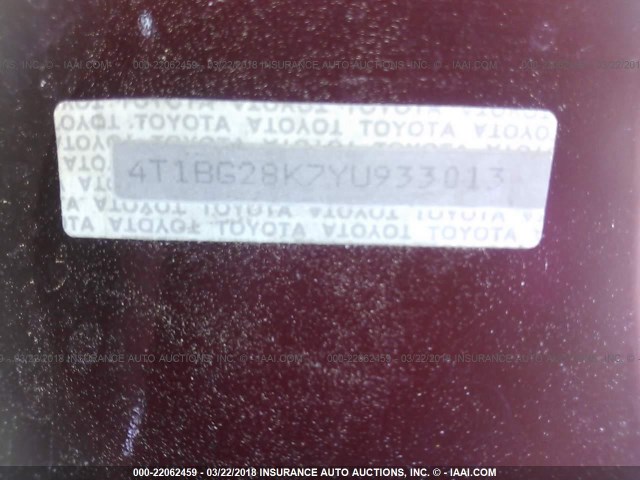 4T1BG28K7YU933013 - 2000 TOYOTA CAMRY CE/LE/XLE 勃艮第红 照片 9