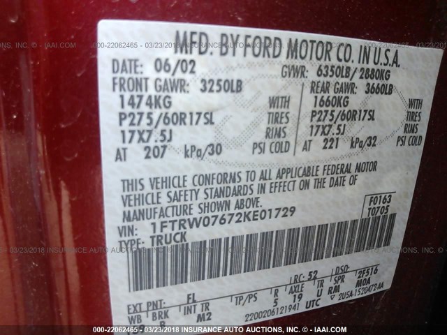 1FTRW07672KE01729 - 2002 FORD F150 SUPERCREW RED photo 9