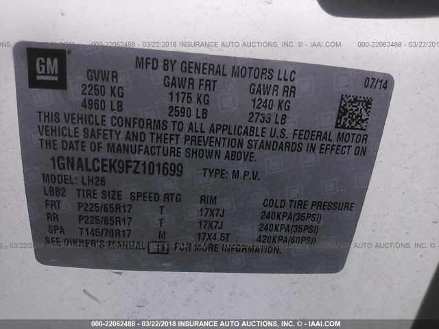 1GNALCEK9FZ101699 - 2015 CHEVROLET EQUINOX LT თეთრი ფოტო 9