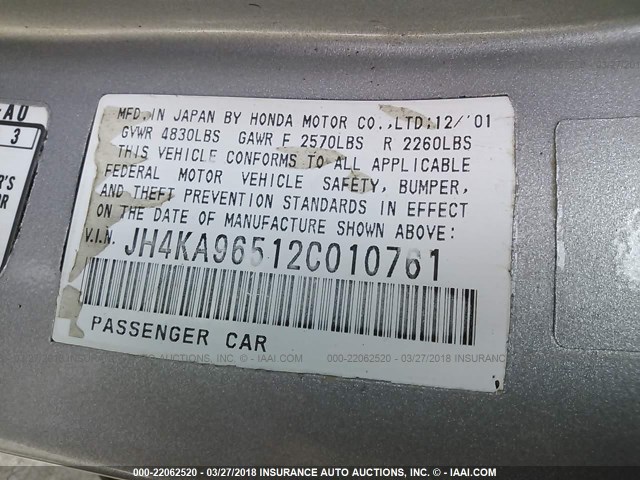 JH4KA96512C010761 - 2002 ACURA 3.5RL GRAY photo 9