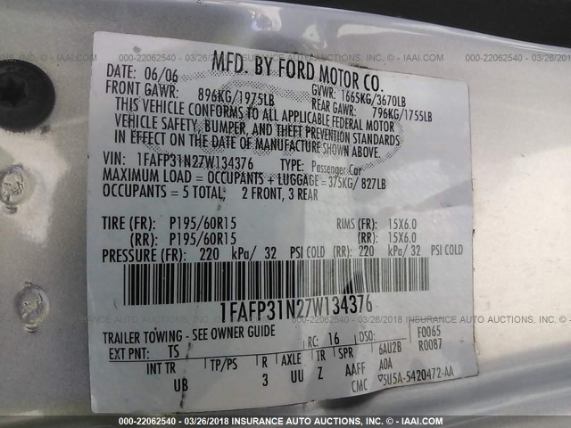 1FAFP31N27W134376 - 2007 FORD FOCUS ZX3/S/SE/SES SILVER photo 9