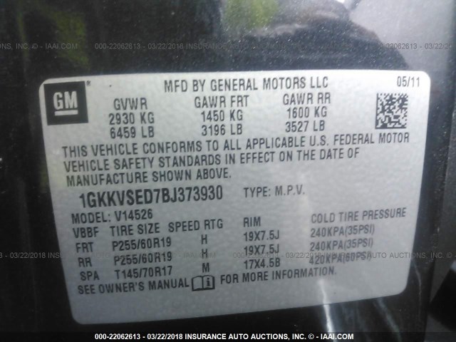 1GKKVSED7BJ373930 - 2011 GMC ACADIA SLT-2 GRAY photo 9