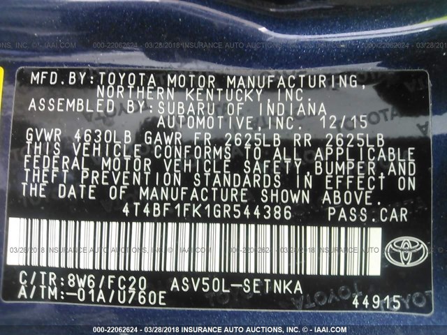 4T4BF1FK1GR544386 - 2016 TOYOTA CAMRY LE/XLE/SE/XSE BLUE photo 9
