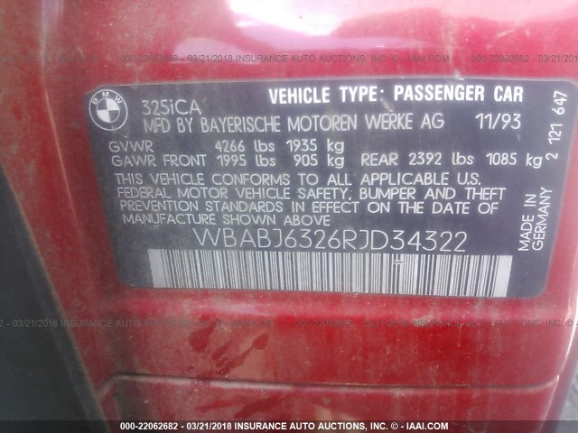 WBABJ6326RJD34322 - 1994 BMW 325 IC AUTOMATIC RED photo 9