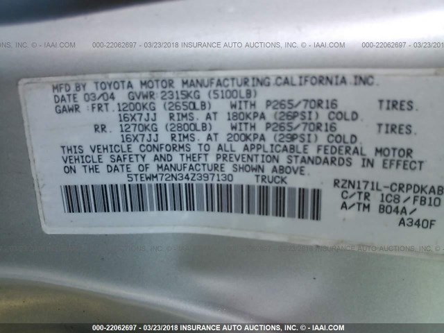 5TEWM72N34Z397130 - 2004 TOYOTA TACOMA XTRACAB SILVER photo 9