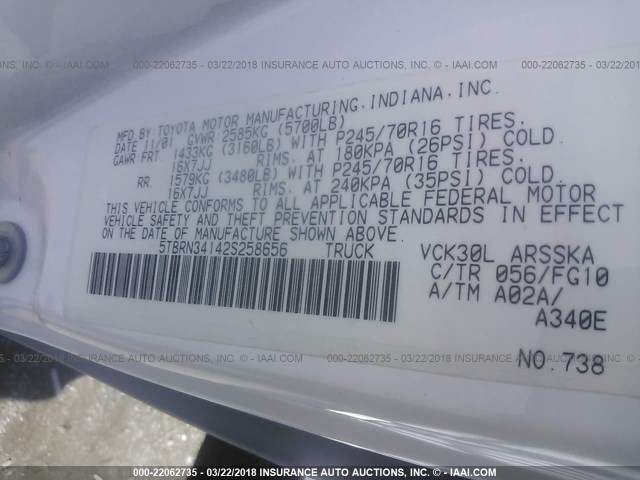 5TBRN34142S258656 - 2002 TOYOTA TUNDRA ACCESS CAB SR5 WHITE photo 9