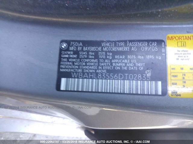 WBAHL83556DT02835 - 2006 BMW 750 I GRAY photo 9