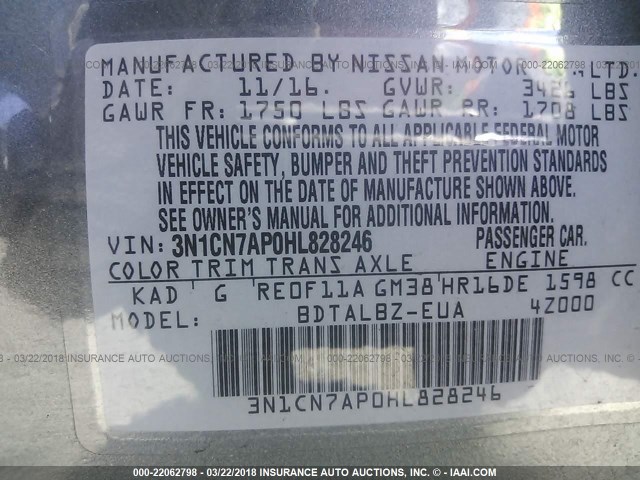 3N1CN7AP0HL828246 - 2017 NISSAN VERSA S/S PLUS/SV/SL GRAY photo 9