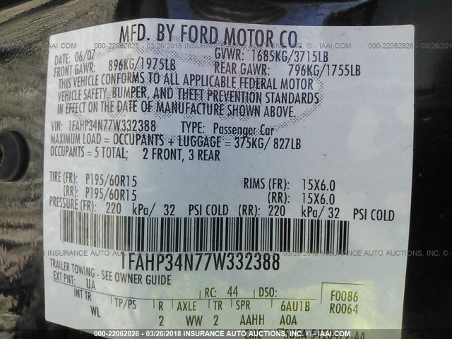 1FAHP34N77W332388 - 2007 FORD FOCUS ZX4/S/SE/SES 黑色 照片 9