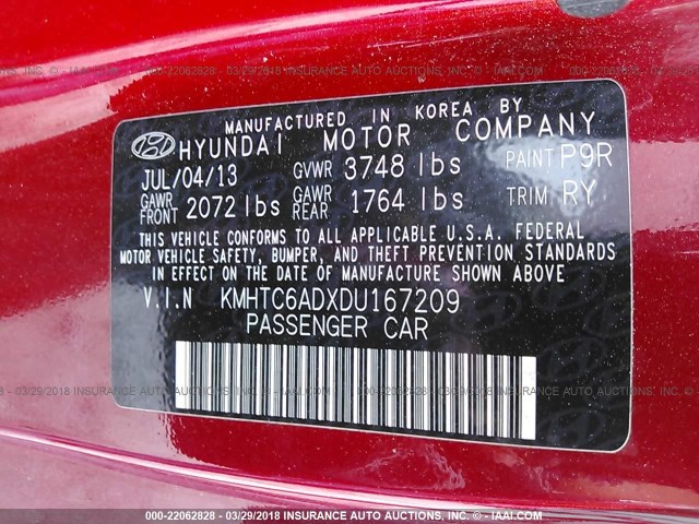 KMHTC6ADXDU167209 - 2013 HYUNDAI VELOSTER 红色 照片 9