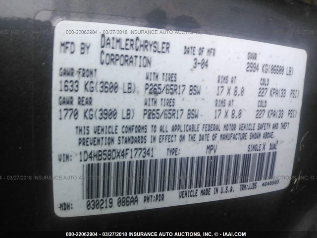 1D4HB58DX4F177341 - 2004 DODGE DURANGO LIMITED GRAY photo 9