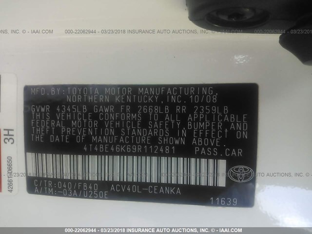 4T4BE46K69R112481 - 2009 TOYOTA CAMRY SE/LE/XLE WHITE photo 9