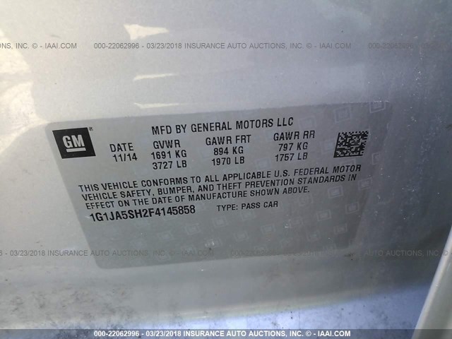 1G1JA5SH2F4145858 - 2015 CHEVROLET SONIC LS SILVER photo 9