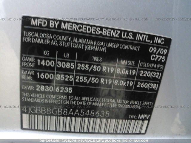 4JGBB8GB8AA548635 - 2010 MERCEDES-BENZ ML 350 4MATIC SILVER photo 9