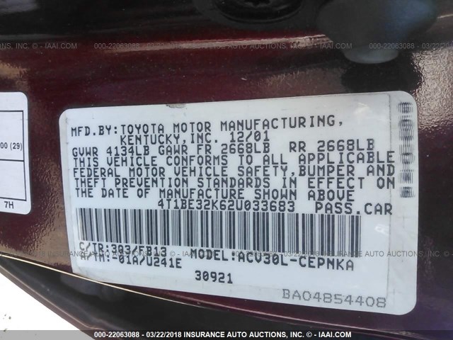 4T1BE32K62U033683 - 2002 TOYOTA CAMRY LE/XLE/SE 红色 照片 9