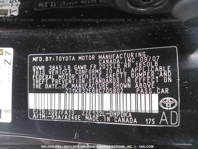 2T1KR32E68C705802 - 2008 TOYOTA COROLLA MATRIX XR BLACK photo 9