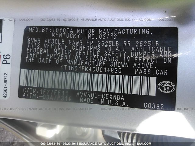 4T1BD1FK4CU014830 - 2012 TOYOTA CAMRY HYBRID/LE/XLE 银色 照片 9