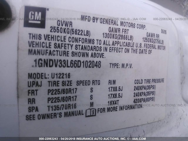 1GNDV33L66D102048 - 2006 CHEVROLET UPLANDER LT WHITE photo 9