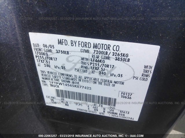 1FTPW14545KE77423 - 2005 FORD F150 SUPERCREW BLUE photo 9