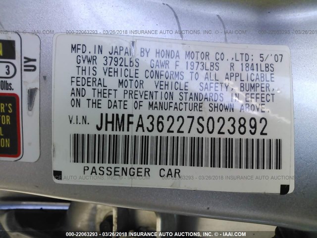 JHMFA36227S023892 - 2007 HONDA CIVIC HYBRID SILVER photo 9